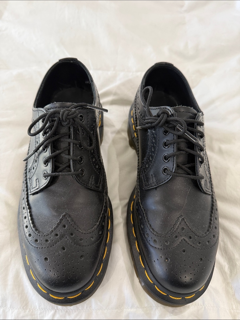 Doc Martens NWOT Black Wingtip leather Lace-Up Shoes with Yellow Stitching